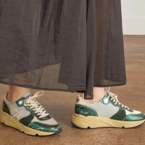 Golden Goose Running Sole Sneaker Metallic Green Leather/Cream/Silver SZ 6